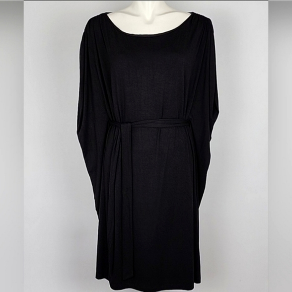 DKNY Black Mini Dress Boat Neckline Belted Capped Shoulders Reg Fit Size Medium - Picture 5 of 13